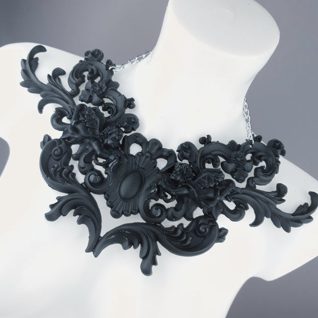 "Sanctuary" Black Scrolling Filigree & Cherubs Necklace