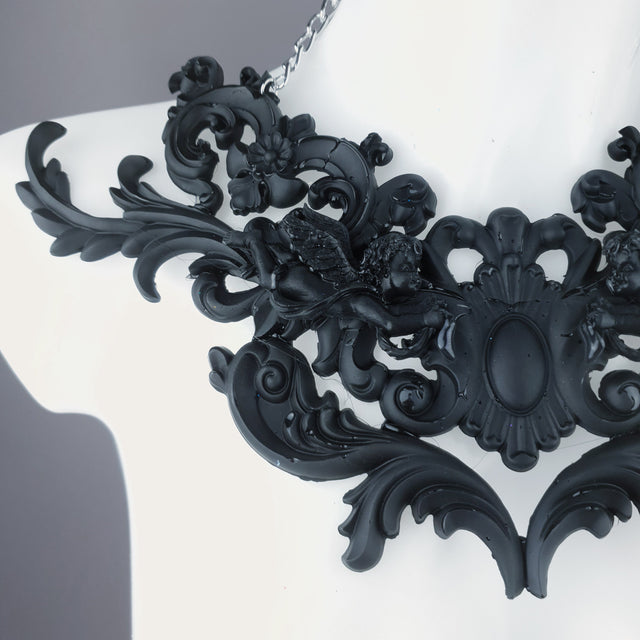 "Sanctuary" Black Scrolling Filigree & Cherubs Necklace