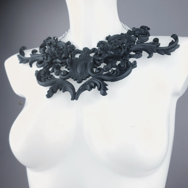 "Sanctuary" Black Scrolling Filigree & Cherubs Necklace