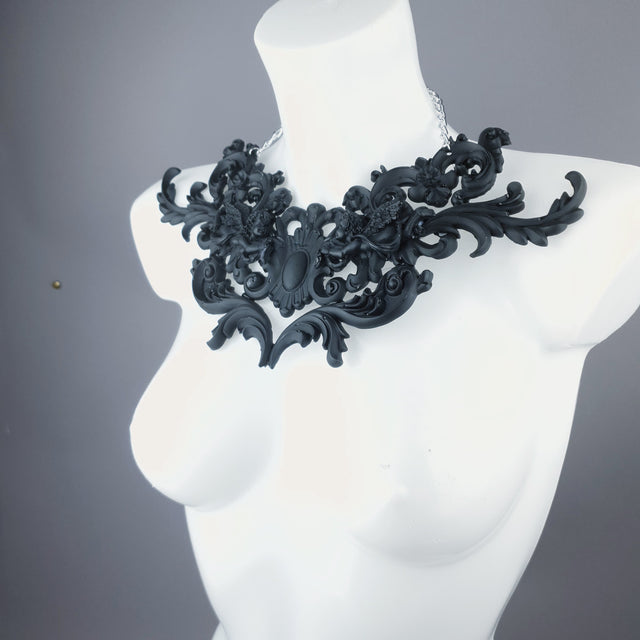 "Sanctuary" Black Scrolling Filigree & Cherubs Necklace