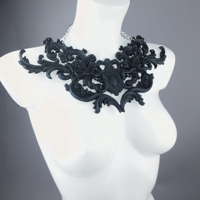 "Sanctuary" Black Scrolling Filigree & Cherubs Necklace