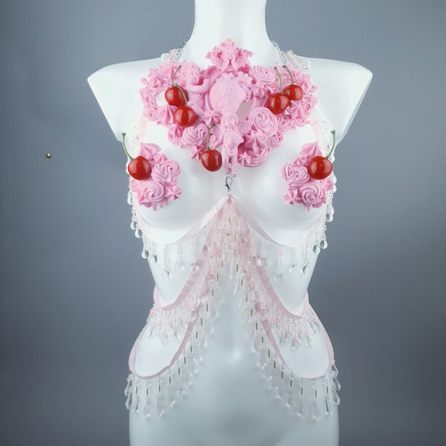 "Nuolla" Pink Cherry Filigree & Beading Body Jewellery with Nipple Pasties