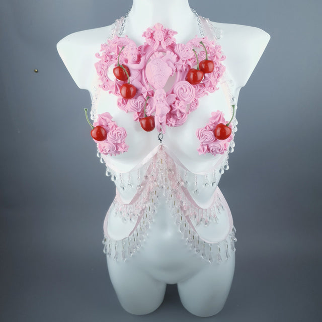 "Nuolla" Pink Cherry Filigree & Beading Body Jewellery with Nipple Pasties