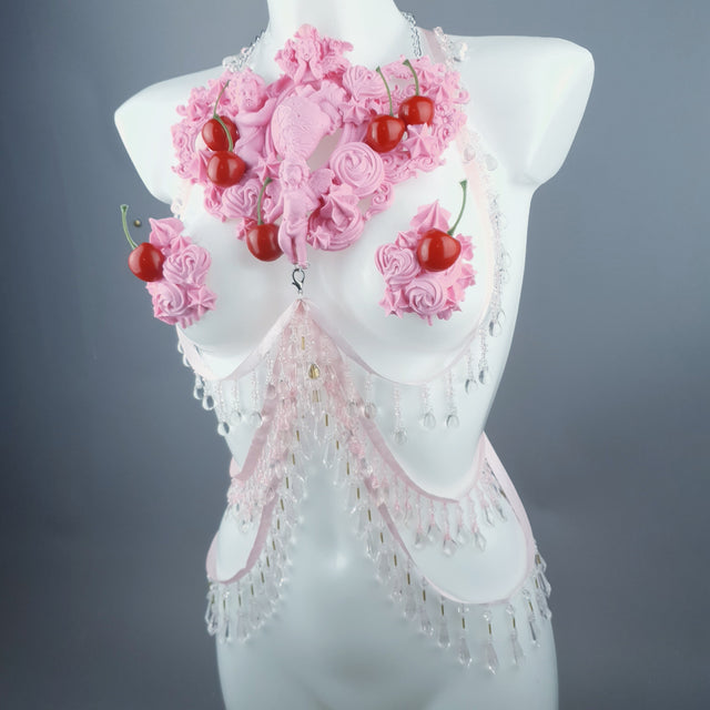 "Nuolla" Pink Cherry Filigree & Beading Body Jewellery with Nipple Pasties