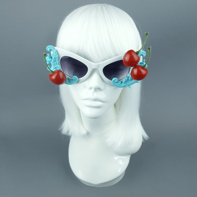 "Crème" Cherries & Pastel Blue Cream Catseye Sunglasses
