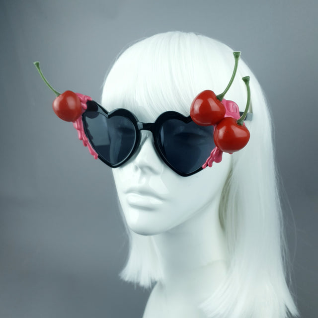 "Cerise Noire" Black & Pink Cherry Heart Sunglasses