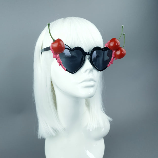 "Cerise Noire" Black & Pink Cherry Heart Sunglasses