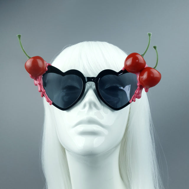 "Cerise Noire" Black & Pink Cherry Heart Sunglasses