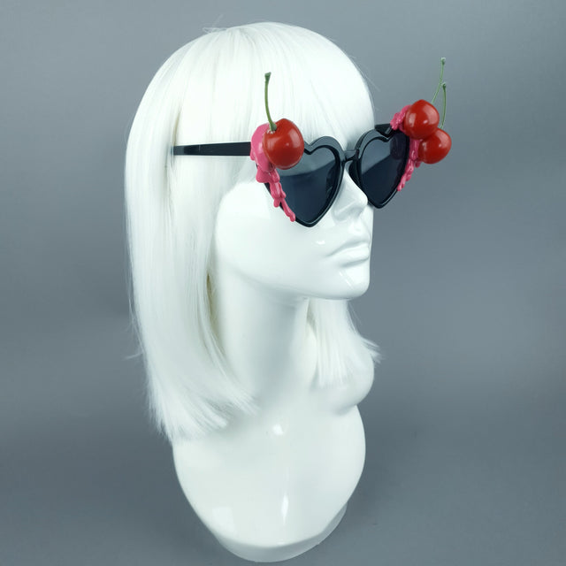 "Cerise Noire" Black & Pink Cherry Heart Sunglasses