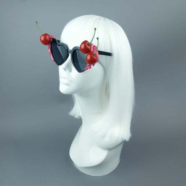 "Cerise Noire" Black & Pink Cherry Heart Sunglasses