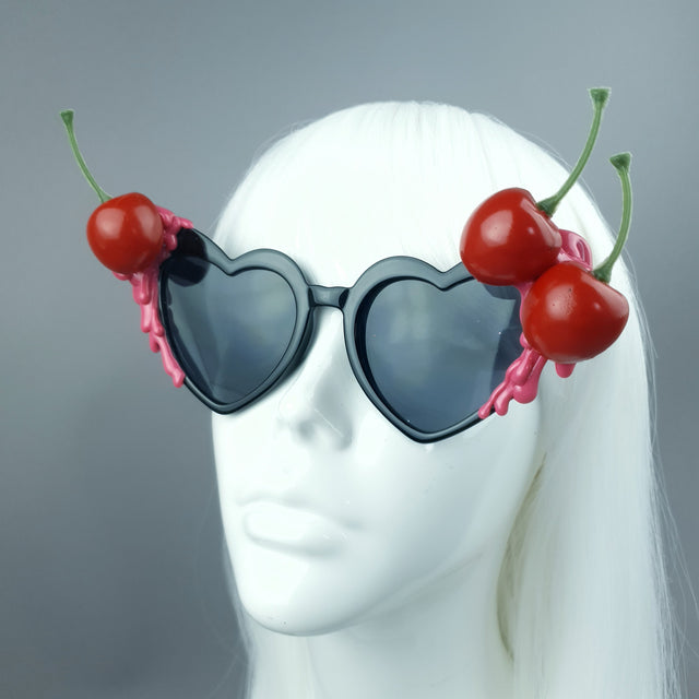 "Cerise Noire" Black & Pink Cherry Heart Sunglasses