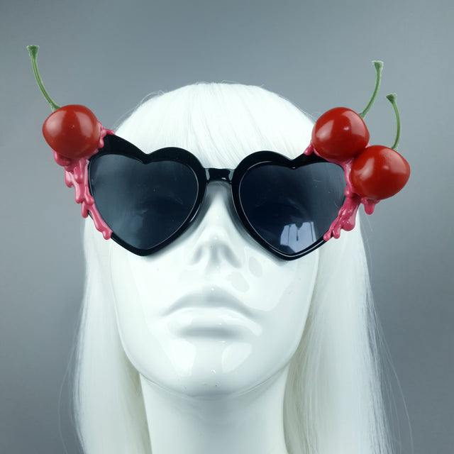 "Cerise Noire" Black & Pink Cherry Heart Sunglasses
