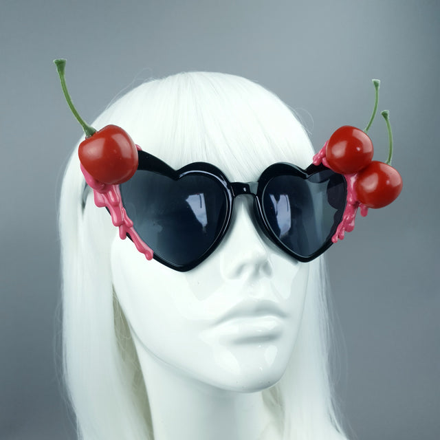 "Cerise Noire" Black & Pink Cherry Heart Sunglasses