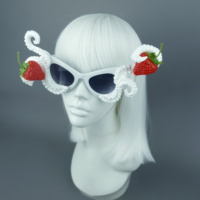 Pearls & Swine: White Statement Sunglasses Octopus Kraken Tentacle & Strawberries "Ursula"