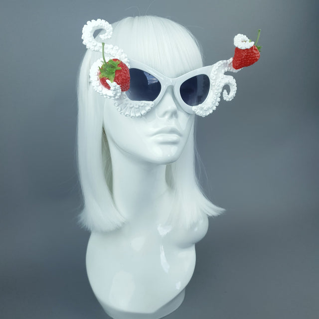 Pearls & Swine: White Statement Sunglasses Octopus Kraken Tentacle & Strawberries "Ursula"