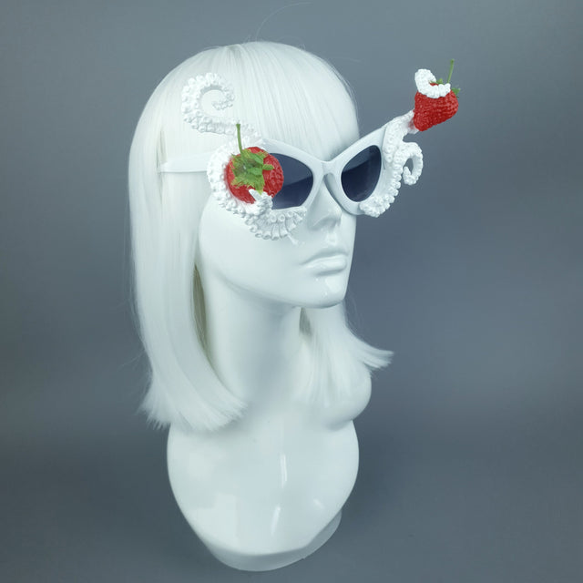 Pearls & Swine: White Statement Sunglasses Octopus Kraken Tentacle & Strawberries "Ursula"