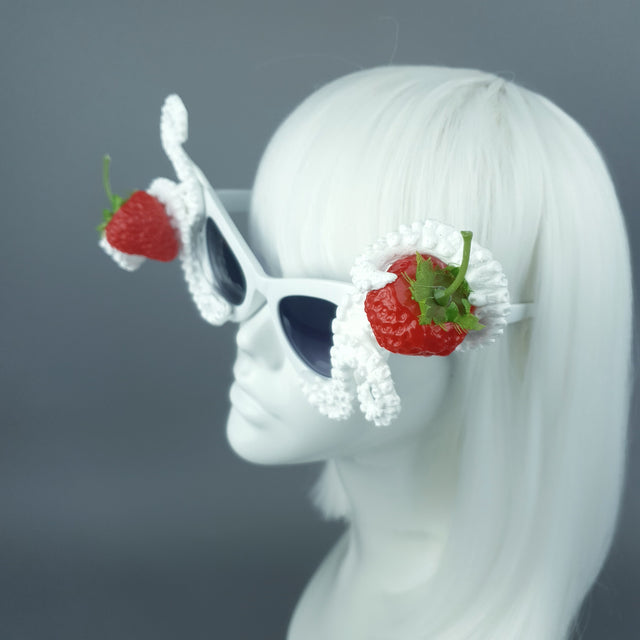 Pearls & Swine: White Statement Sunglasses Octopus Kraken Tentacle & Strawberries "Ursula"