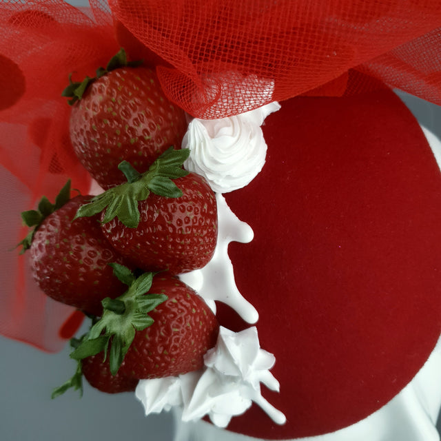 "Marrubi" Kitsch Strawberries & Cream Bow Fascinator Hat