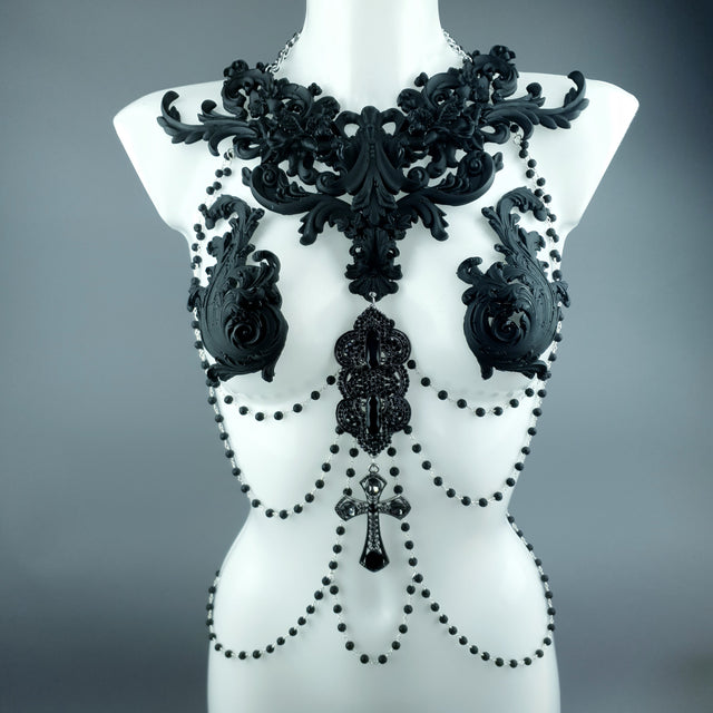 "Nyx" Black Filigree & Beading Body Jewellery with Nipple Pasties