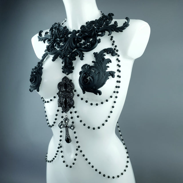 "Nyx" Black Filigree & Beading Body Jewellery with Nipple Pasties