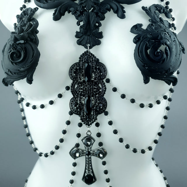 "Nyx" Black Filigree & Beading Body Jewellery with Nipple Pasties