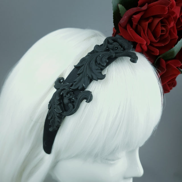 "Dusk" Red Rose & Filigree Fascinator Hat Headdress