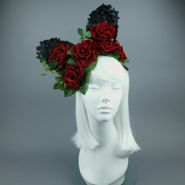 "Belladonna" Red Rose & Filigree Ears Fascinator Hat Headdress