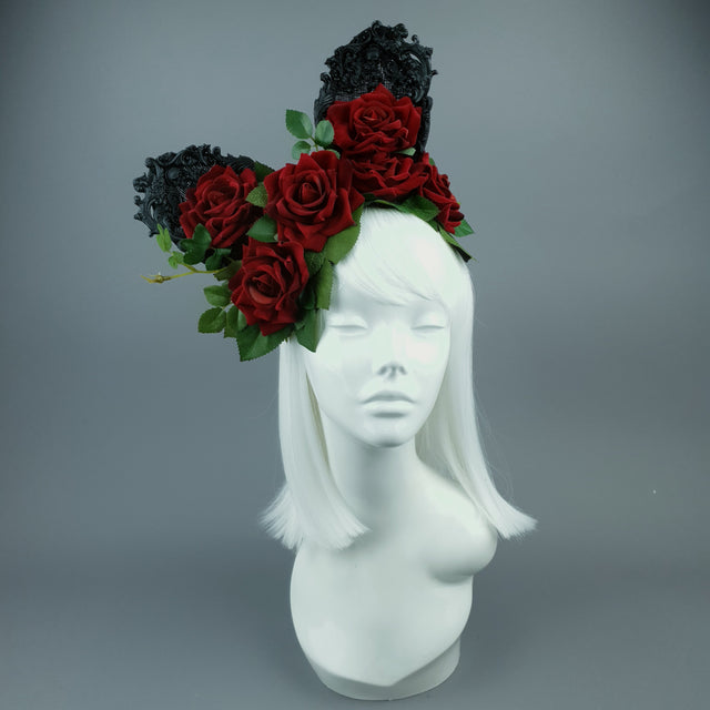 "Belladonna" Red Rose & Filigree Ears Fascinator Hat Headdress