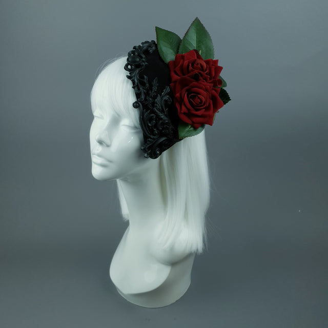 "Midnight" Red Rose & Filigree Fascinator Hat Headdress
