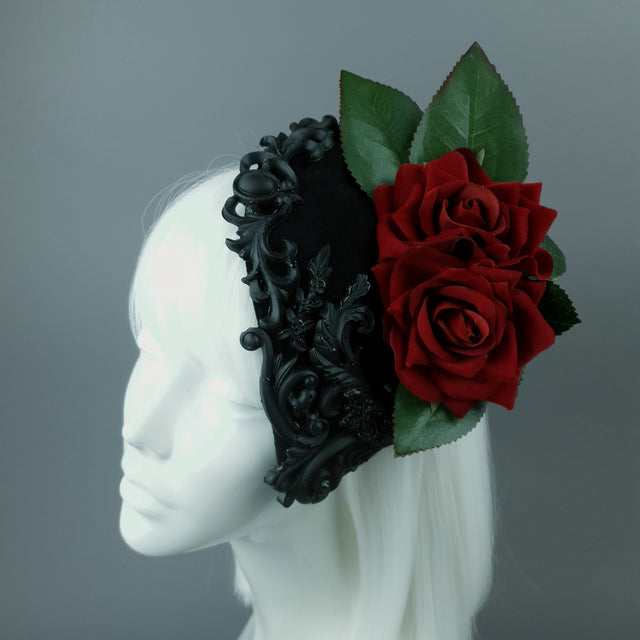 "Midnight" Red Rose & Filigree Fascinator Hat Headdress