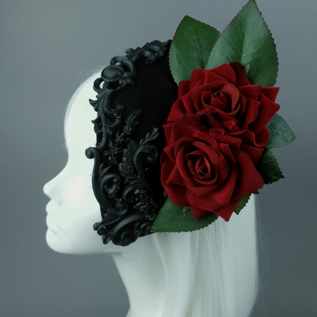 "Midnight" Red Rose & Filigree Fascinator Hat Headdress