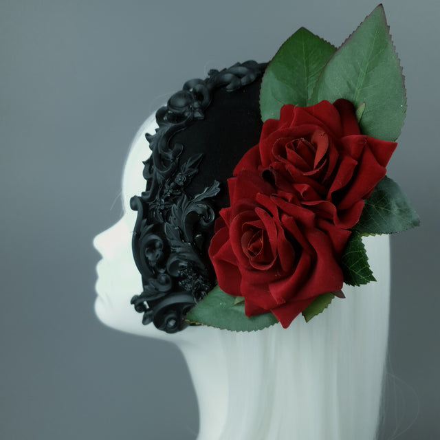 "Midnight" Red Rose & Filigree Fascinator Hat Headdress