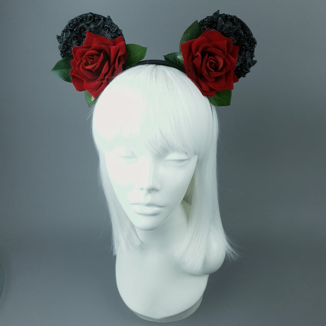 "Dead Cute" Red Rose & Filigree Ears Headdress