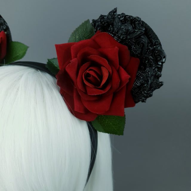 "Dead Cute" Red Rose & Filigree Ears Headdress