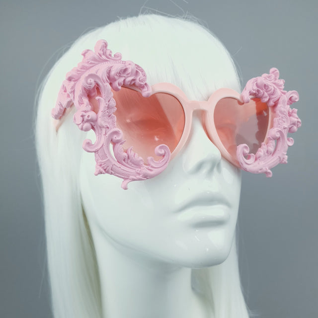 "Anzu" Pastel Pink Filigree Heart Shaped Sunglasses