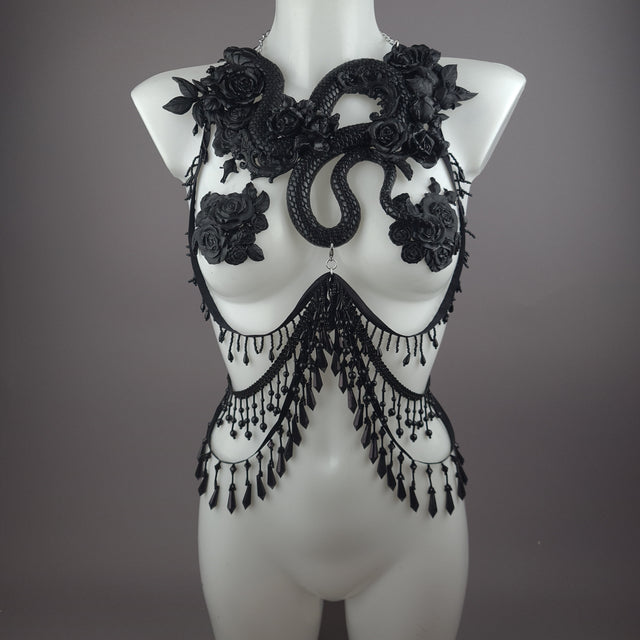 "Manasa" Black Snake & Roses Harness Body Jewellery & Pasties.