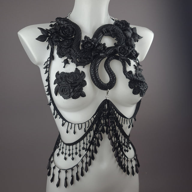 "Manasa" Black Snake & Roses Harness Body Jewellery & Pasties.