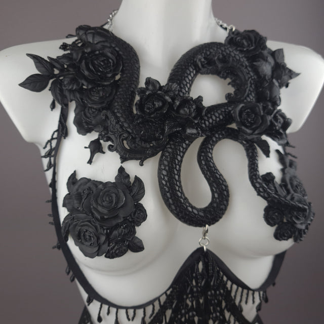 "Manasa" Black Snake & Roses Harness Body Jewellery & Pasties.