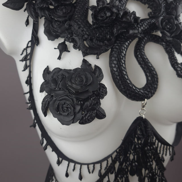 "Manasa" Black Snake & Roses Harness Body Jewellery & Pasties.