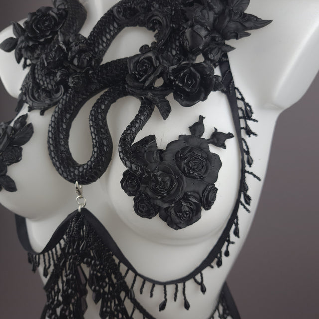 "Manasa" Black Snake & Roses Harness Body Jewellery & Pasties.