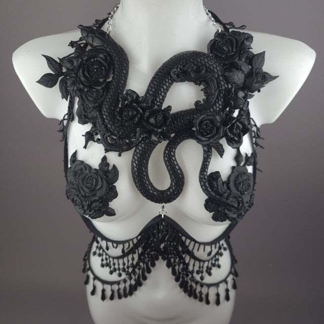 "Manasa" Black Snake & Roses Harness Body Jewellery & Pasties.