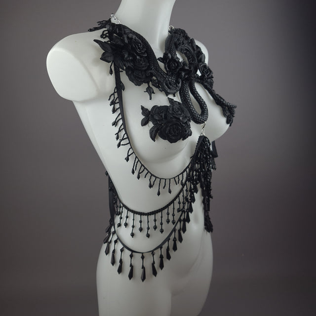 "Manasa" Black Snake & Roses Harness Body Jewellery & Pasties.
