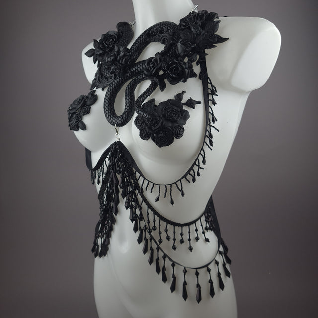"Manasa" Black Snake & Roses Harness Body Jewellery & Pasties.