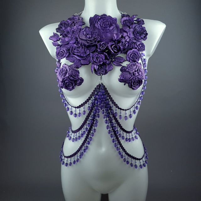 "Psyche" Purple Roses Harness Body Jewellery & Pasties.