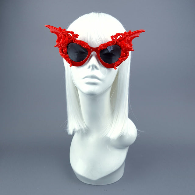 "Bathory" Red Filigree Ornate Bat Wing & Cherub Sunglasses