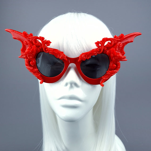"Bathory" Red Filigree Ornate Bat Wing & Cherub Sunglasses