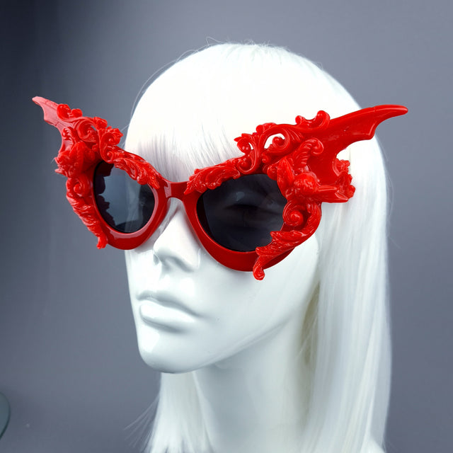 "Bathory" Red Filigree Ornate Bat Wing & Cherub Sunglasses