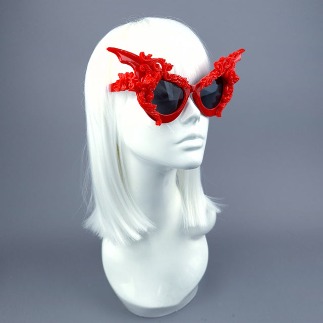 "Bathory" Red Filigree Ornate Bat Wing & Cherub Sunglasses