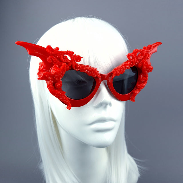 "Bathory" Red Filigree Ornate Bat Wing & Cherub Sunglasses