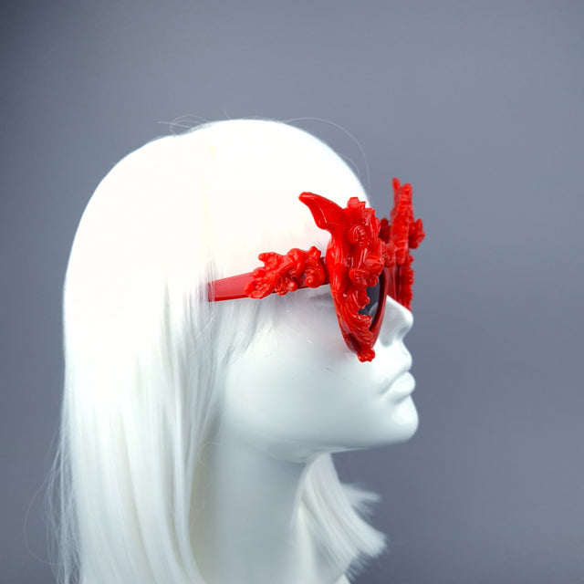 "Bathory" Red Filigree Ornate Bat Wing & Cherub Sunglasses